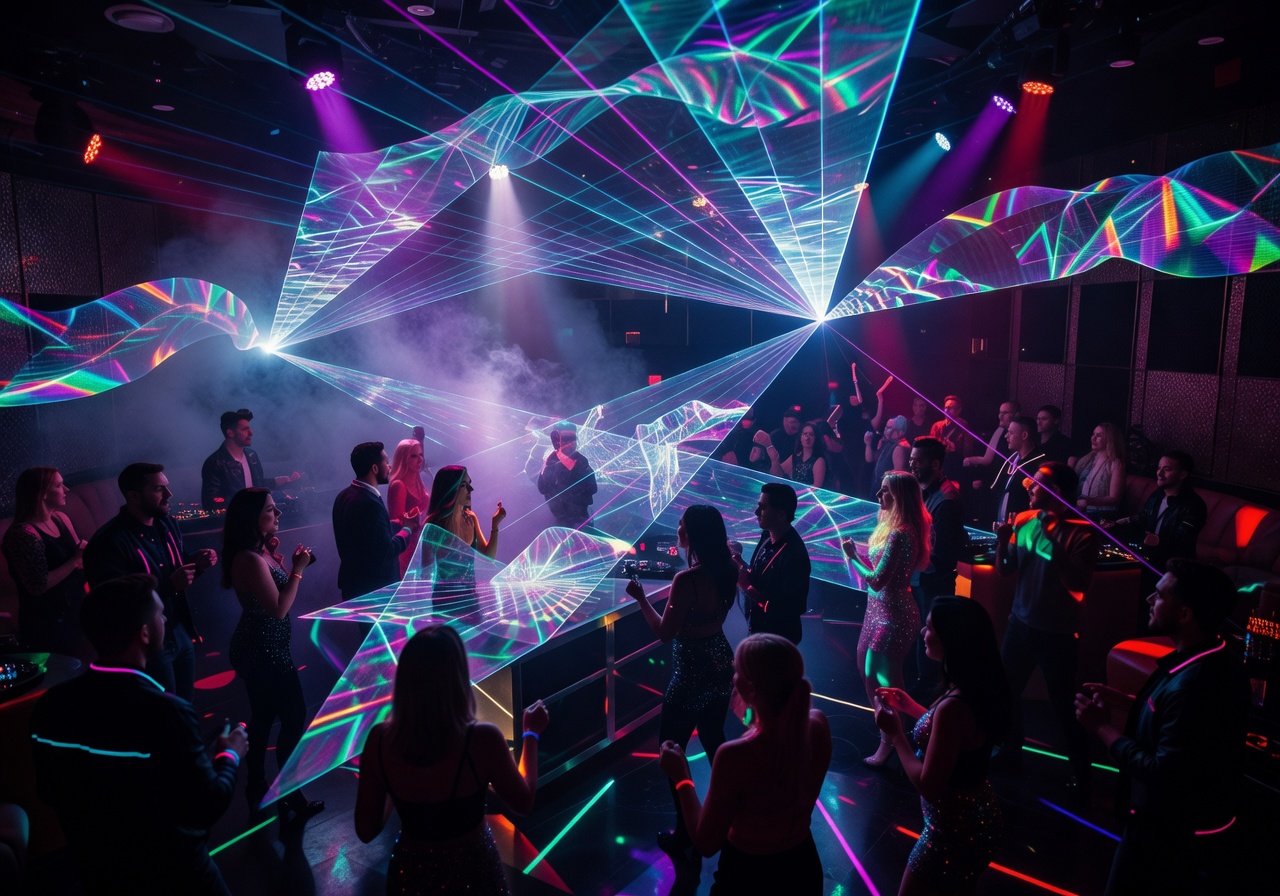 Cinematic nightclub lighting with holographic laser overlays