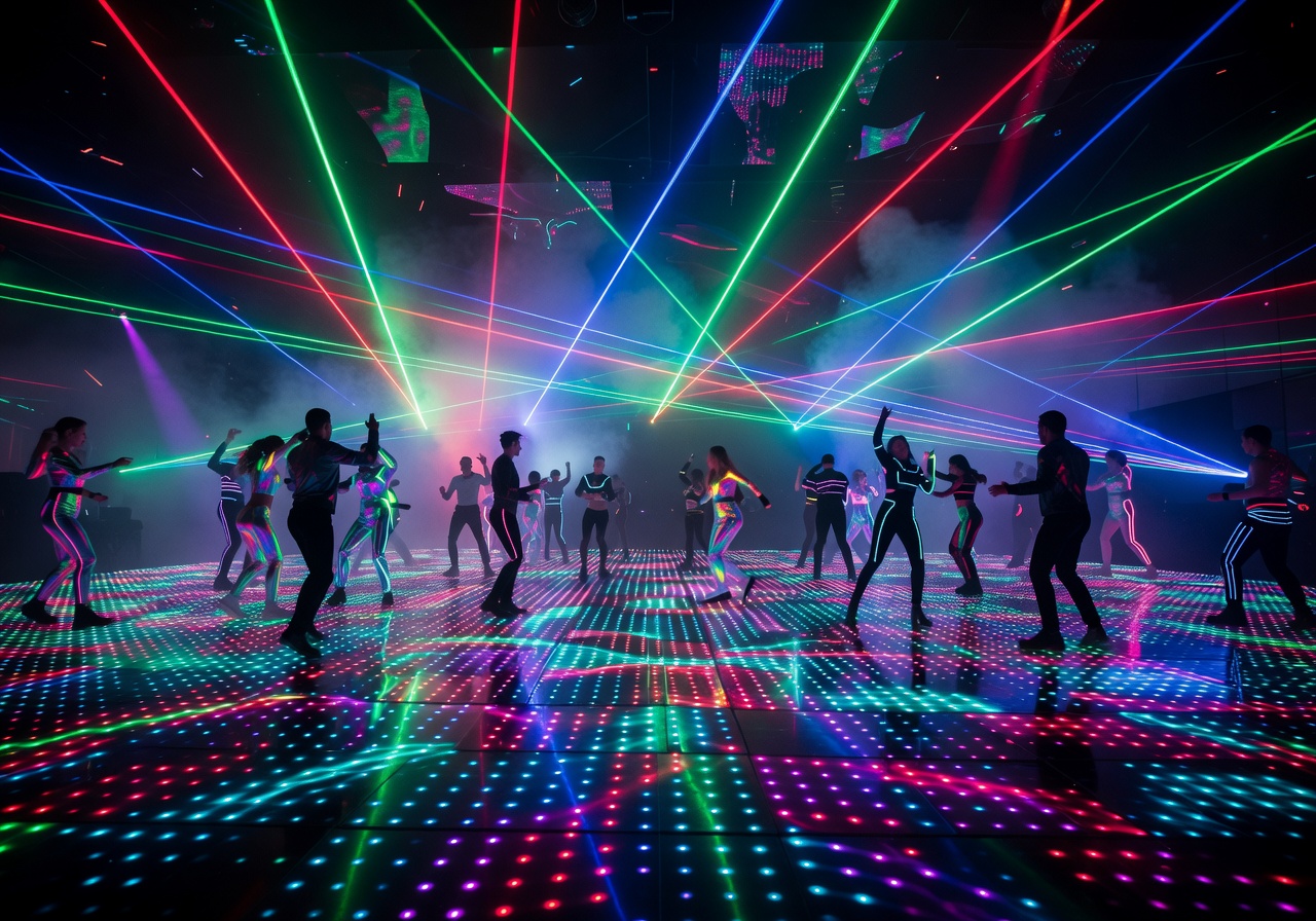 Futuristic laser effects across a neon dance floor