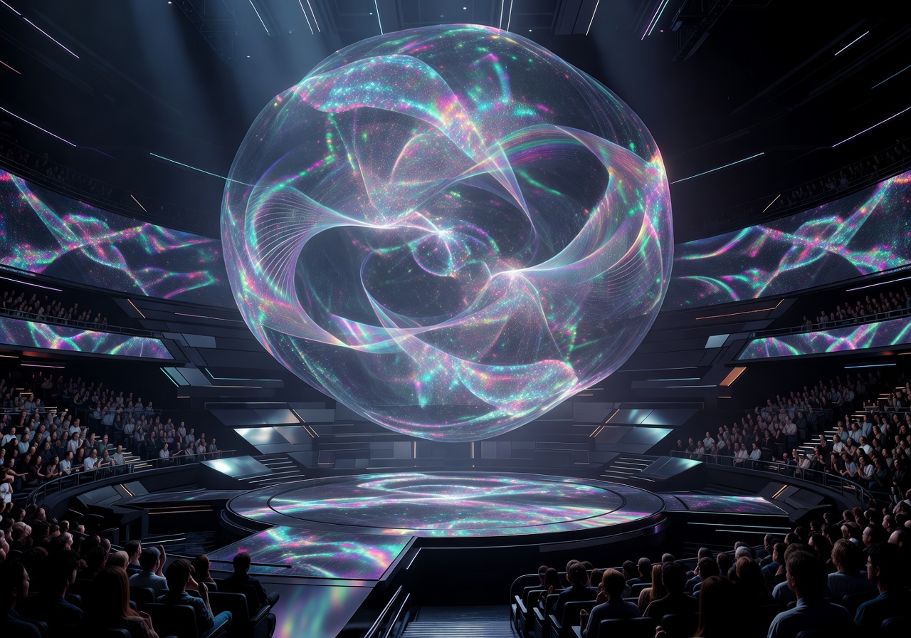 Holographic entertainment visuals glowing in a futuristic arena