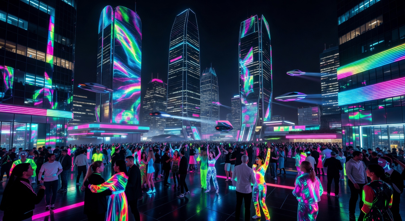 Neon nightlife skyline glowing over a futuristic celebration district