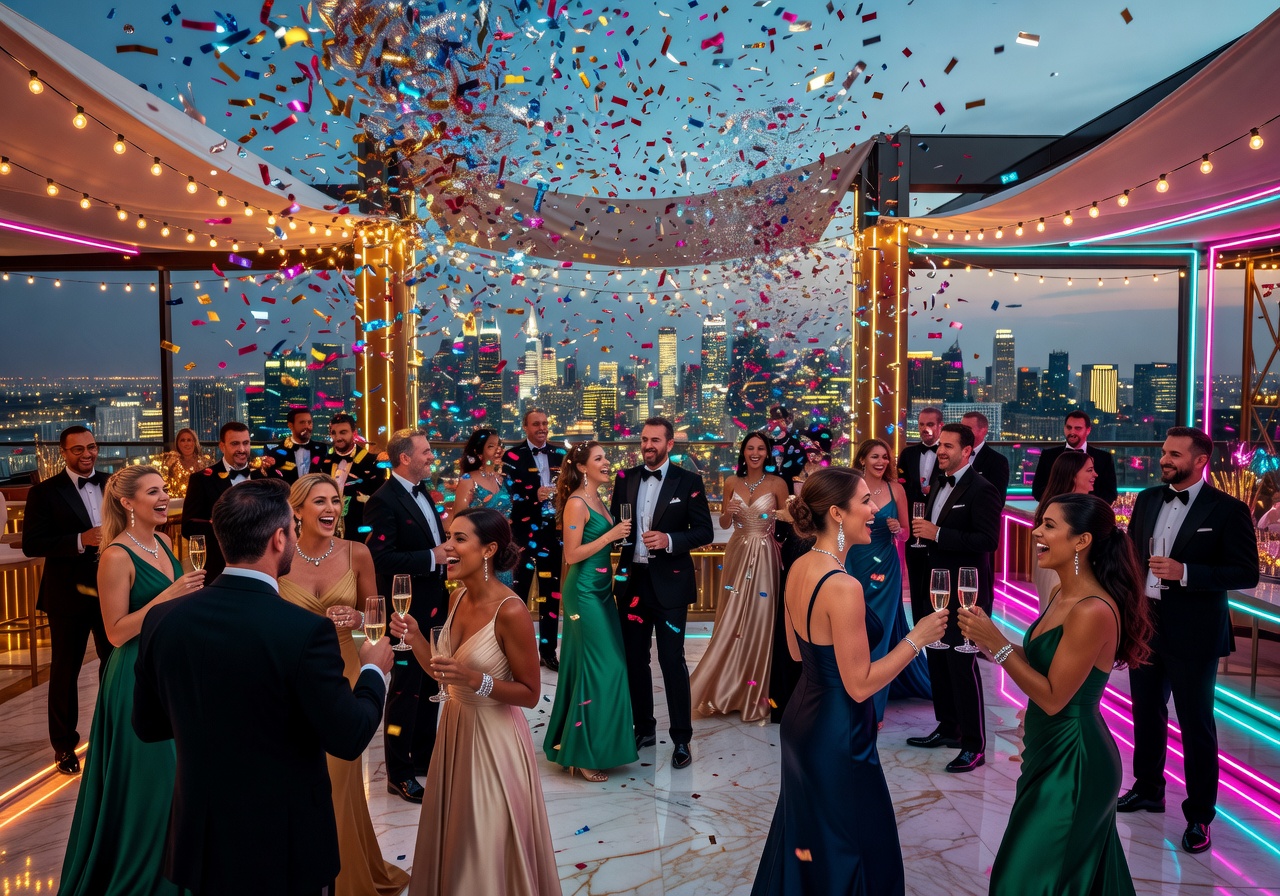 Rooftop confetti carnival with luxury party celebration