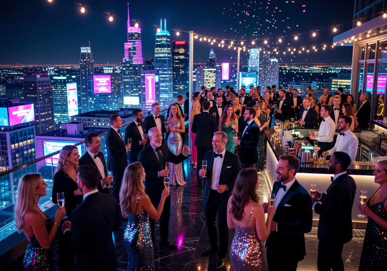 Luxury rooftop party with neon city lights and celebration crowd