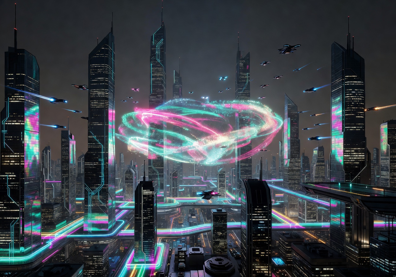Skyline tournament event glowing across futuristic city